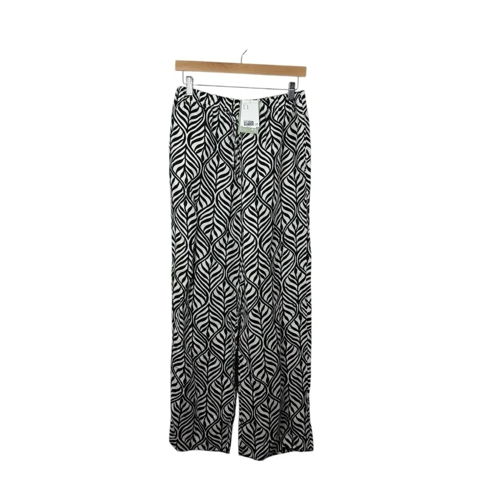 NWT H&M Women’s Wide Leg Linen-Blend Patterned Pants Black/White M